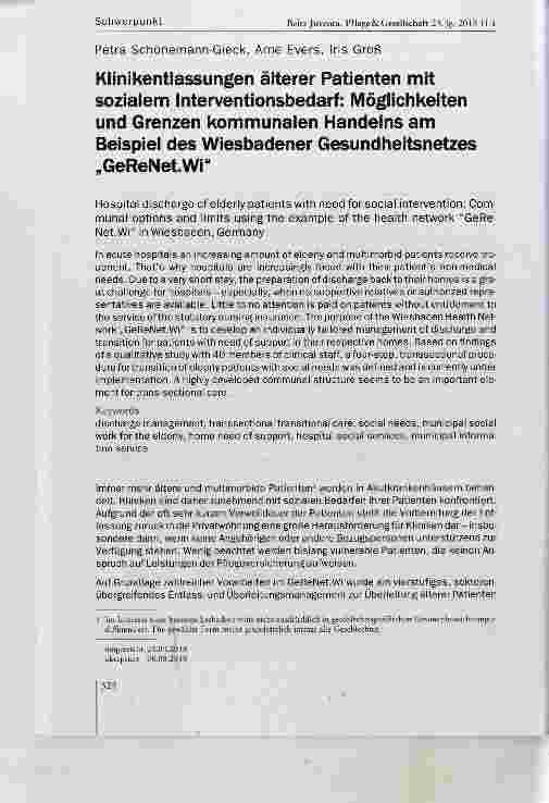Vorschauseite 1: Klinikentlassungen älterer Patienten mit sozialem Interventionsbedarf: Möglichkeiten und Grenzen kommunalen Handelns am Beispiel des Wiesbadener Gesundheitsnetzes „GeReNetWi“