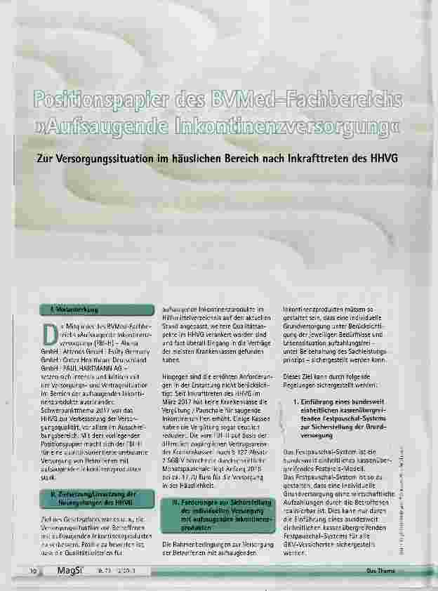 Vorschauseite 1: Positionspapier des BVMed-Fachbereichs Aufsaugende Inkontinenzversorgung