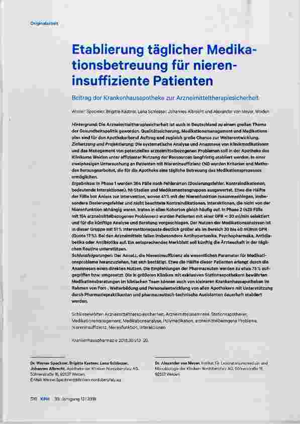 Vorschauseite 1: Etablierung täglicher Medikationsbetreuung für niereninsuffiziente Patienten