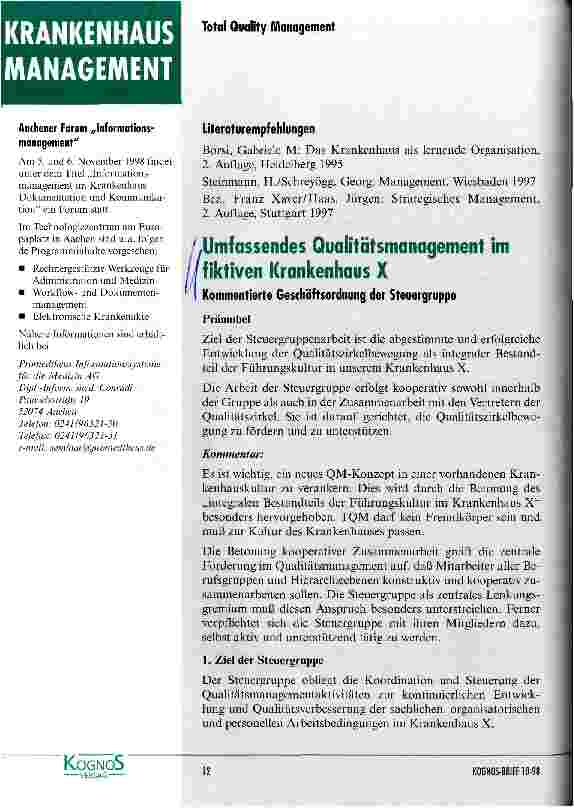 Vorschauseite 1: Umfassendes Qualitätsmanagement im fiktiven Krankenhaus X Kommentierte Geschäftsordnung der Steuerungsgruppe