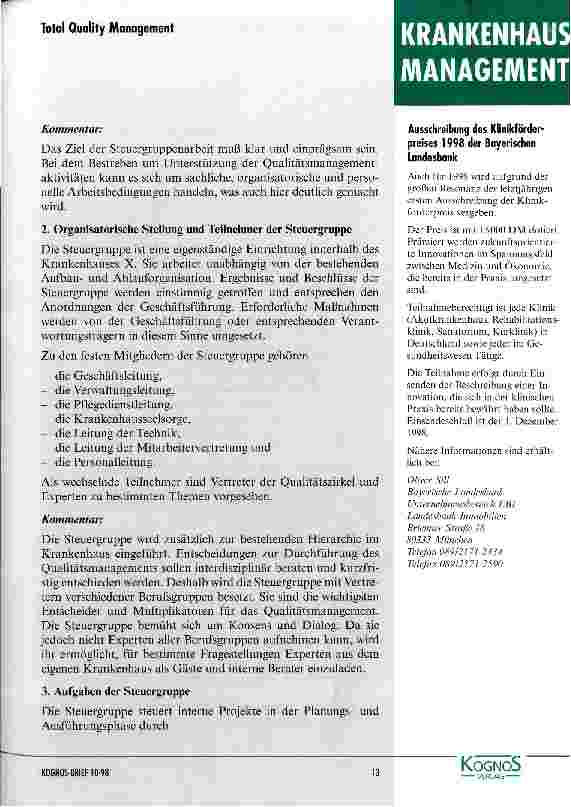 Vorschauseite 2: Umfassendes Qualitätsmanagement im fiktiven Krankenhaus X Kommentierte Geschäftsordnung der Steuerungsgruppe