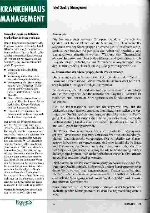 Vorschauseite 5: Umfassendes Qualitätsmanagement im fiktiven Krankenhaus X Kommentierte Geschäftsordnung der Steuerungsgruppe