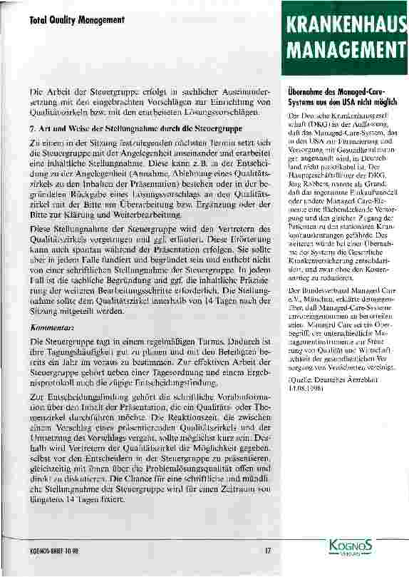 Vorschauseite 6: Umfassendes Qualitätsmanagement im fiktiven Krankenhaus X Kommentierte Geschäftsordnung der Steuerungsgruppe