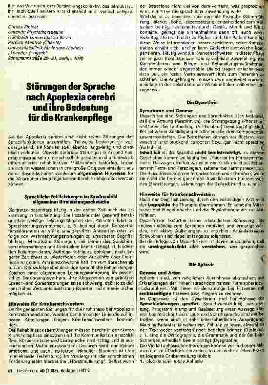 Vorschauseite 1: Zur krankenpflegerischen Betreuung älterer Patienten / Störung der Sprache nach Apolexia cerebri und ihre Bedeutung für die Krankenpflege
