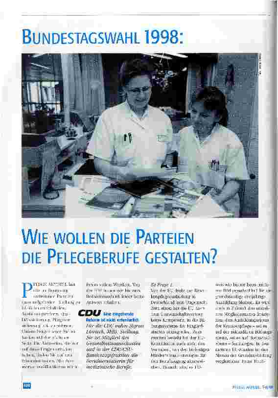 Vorschauseite 1: Bundestagswahl 1998: Wie wollen die Parteien die Pflegeberufe gestalten?