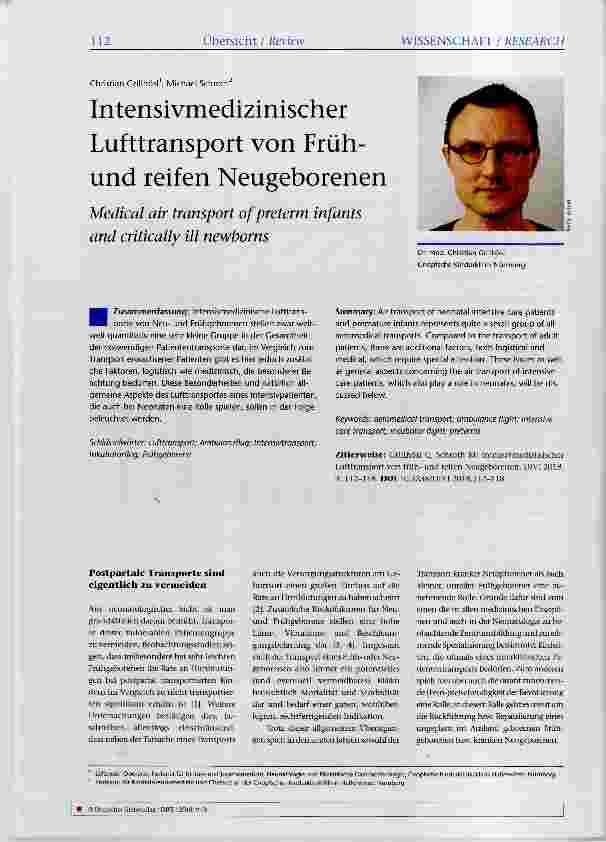 Vorschauseite 1: Intensivmedizinischer Lufttransport von Frühund reifen Neugeborenen