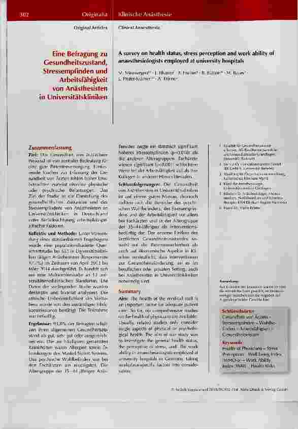 Vorschauseite 1: Eine Befragung zu Gesundheitszustand, Stressempfinden und Arbeitsfähigkeit von Anästhesistenin Universitätskliniken