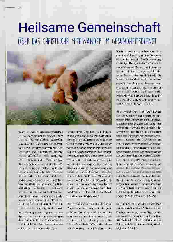 Vorschauseite 1: Heilsame Gemeinschaft ÜBER DAS CHRISTLICHE MITEINANDER IM GESUNDHEITSDIENST