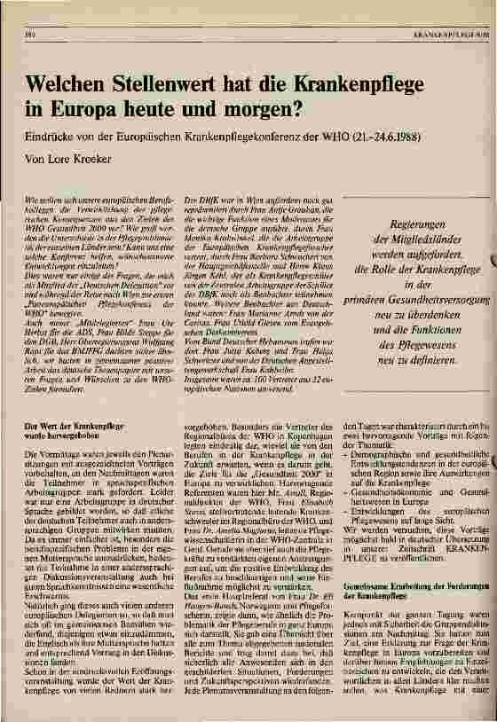 Vorschauseite 1: Welchen Stellenwert hat die Krankenpflege in Europa heute und morgen Eindrücke v. d.Europäischen Krankenpflegekonferenz der WHO Juni 1988