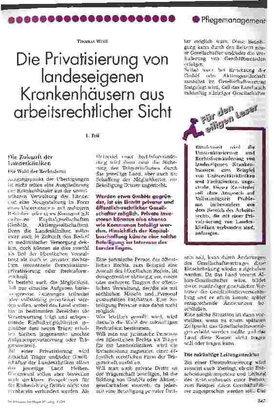 Vorschauseite 1: Die Privatisierung von landeseigenen Krankenhäusern aus arbeitsrechtlicher Sicht (Teil 1)