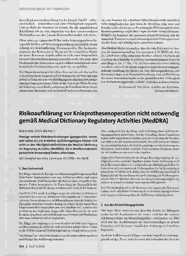 Vorschauseite 1: Risikoaufklärung vor Knieprothesenoperation nicht notwendig gemäß Medical Dictionary Regulatory Activities (MedDRA)