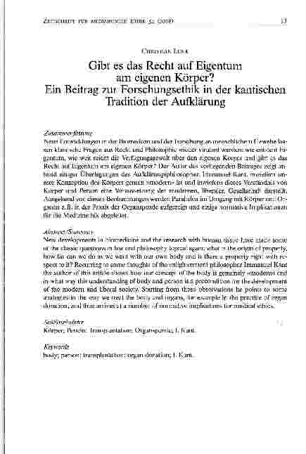 Vorschauseite 1: Gibt es das Recht auf Eigentum am eigenen Körper?Ein Beitrag zur Forschungsethik in der kantischen Tradition der Aufklärung