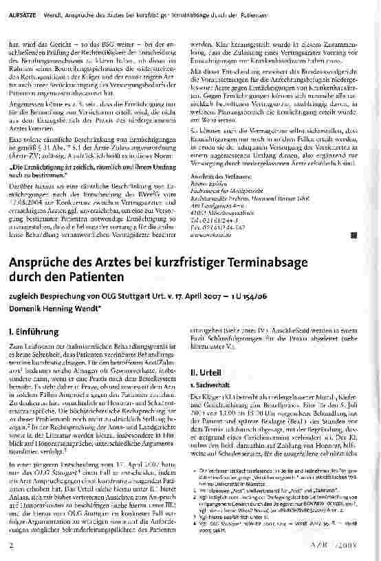 Vorschauseite 1: Ansprüche des Arztes bei kurzfristiger Terminabsage durch den Patienten
