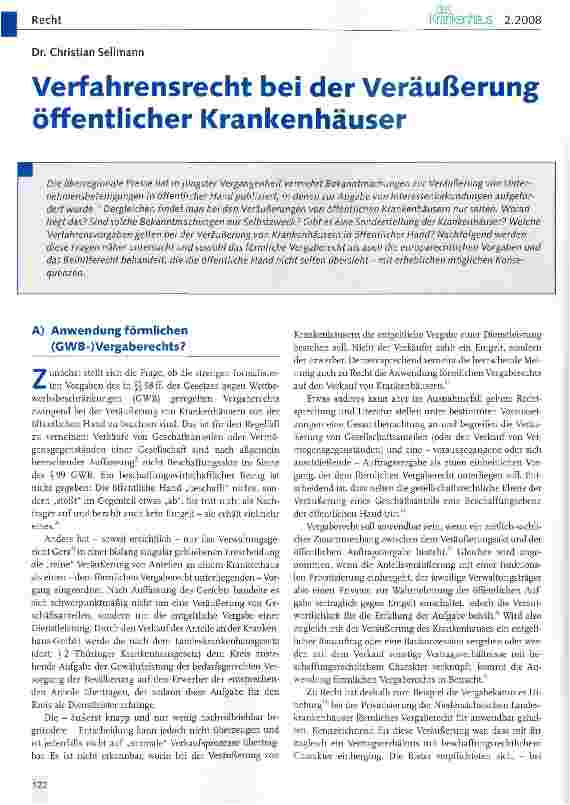 Vorschauseite 1: Verfahrensrecht bei der Veräußerung öffentlicher Krankenhäuser