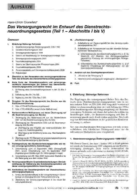 Vorschauseite 1: Das Versorgungsrecht im Entwurf des Dienstrechts-neuordnungsgesetzes (Teil 1 - Abschnitte I bis V)