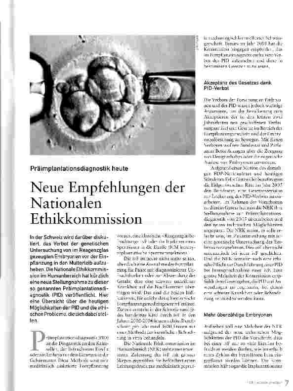 Vorschauseite 1: Neue Empfehlungen der Nationalen Ethikkommission