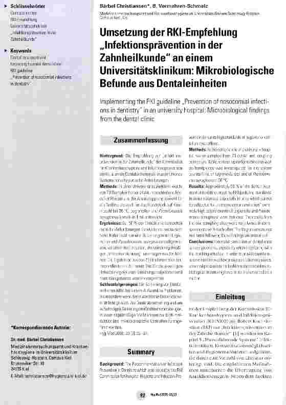 Vorschauseite 1: Umsetzung der RKI-Empfehlung „Infektionsprävention in der Zahnheilkunde an einem Universitätsklinikum: Mikrobiologische Befunde aus Dentaleinheiten