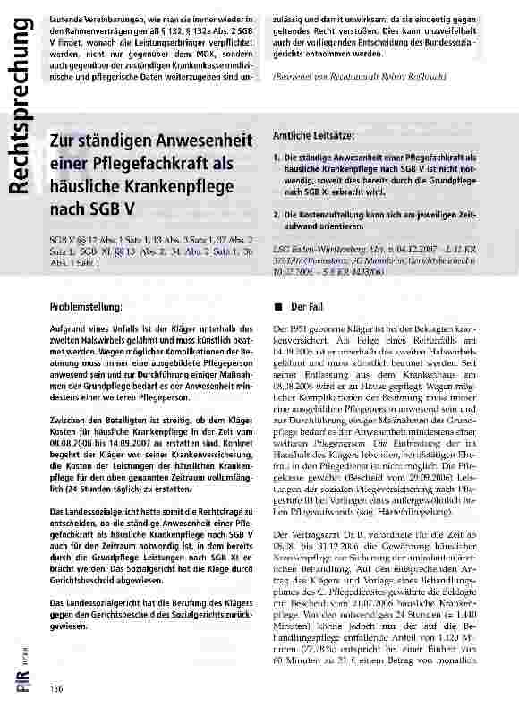 Vorschauseite 1: Zur ständigen Anwesenheit einer Pflegefachkraft als häusliche Krankenpflege nach SGB V