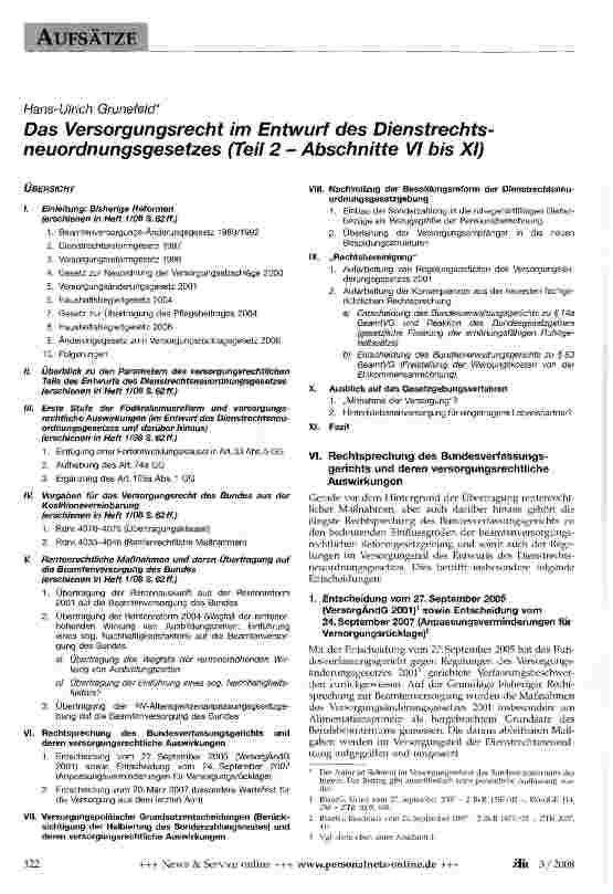 Vorschauseite 1: Das Versorgungsrecht im Entwurf des Dienstrechts-neuordnungsgesetzes (Teil 2 - Abschnitte VI bis XI)