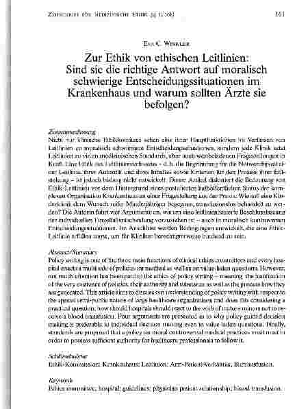 Vorschauseite 1: Zur Ethik von ethischen Leitlinien: Sind sie die richtige Antwort auf moralisch schwierige Entscheidungssituationen im Krankenhaus und warum sollten Ärzte sie befolgen?
