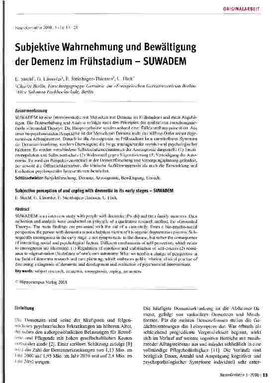 Vorschauseite 1: Subjektive Wahrnehmung und Bewältigung der Demenz im Frühstadium - SUWADEM