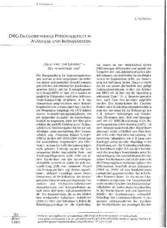 Vorschauseite 1: DRG-ERLÖS-ORIENTIERTES PERSONALBUDGET IN ANÄSTHESIE UND INTENSIVMEDIZIN