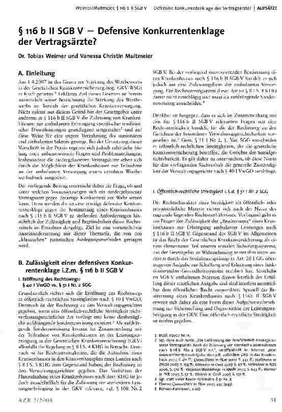 Vorschauseite 1: § 116 b II SGB V - Defensive Konkurrentenklage der Vertragsärzte?