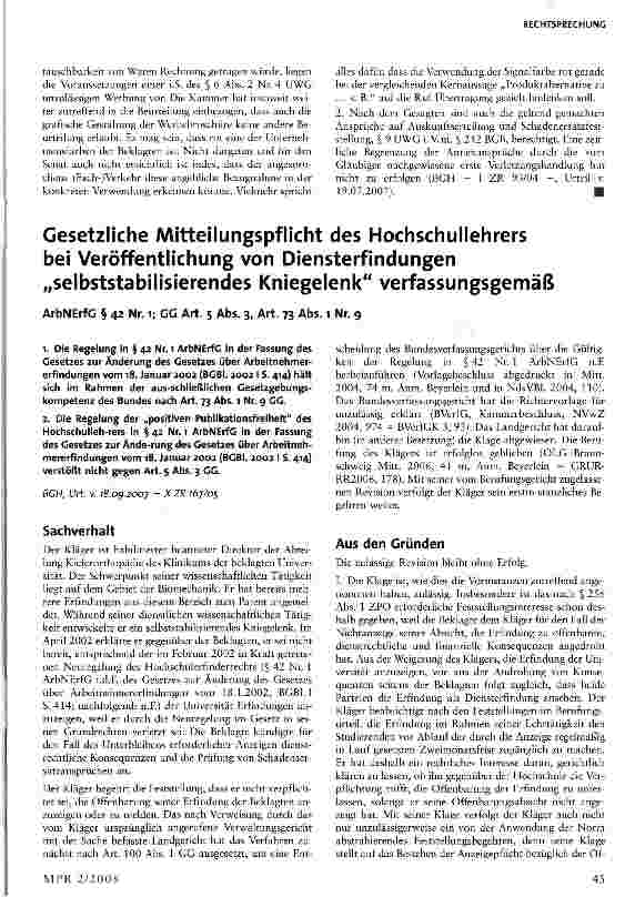 Vorschauseite 1: Gesetzliche Mitteilungspflicht des Hochschullehrers bei Veröffent-lichung von Diensterfindungen „selbststabilisierendes Kniegelenk verfassungsgemäß