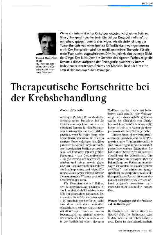 Vorschauseite 1: Therapeutische Fortschritte bei der Krebsbehandlung