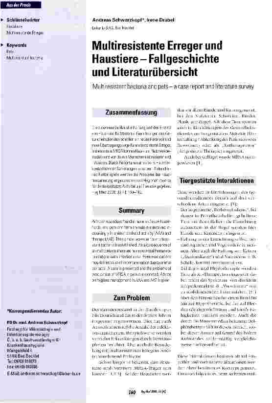 Vorschauseite 1: Multiresistente Erreger und Haustiere - Fallgeschichte und Literaturübersicht