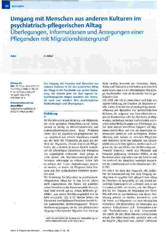 Vorschauseite 1: Umgang mit Menschen aus anderen Kulturen im psychiatrisch-pflegerischen Alltag Überlegungen, Informationen und Anregungen einer Pflegenden mit Migrationshintergrund