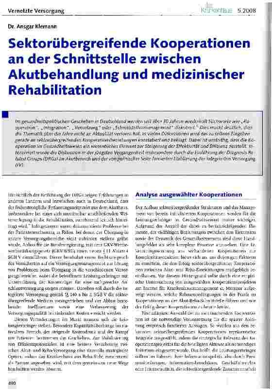 Vorschauseite 1: Sektorübergreifende Kooperationen an der Schnittstelle zwischen Akutbehandlung und medizinischer Rehabilitation