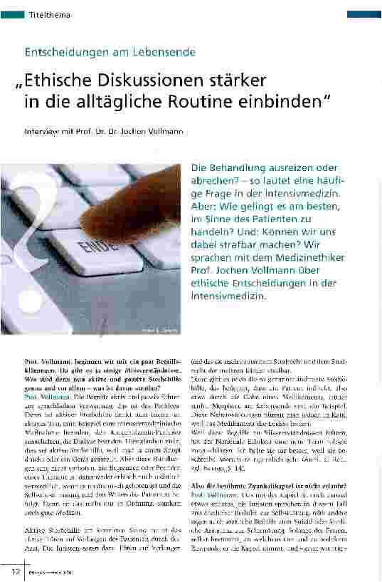 Vorschauseite 1: Entscheidungen am Lebensende Ethische Diskussionen stärker in die alltägliche Routine einbinden