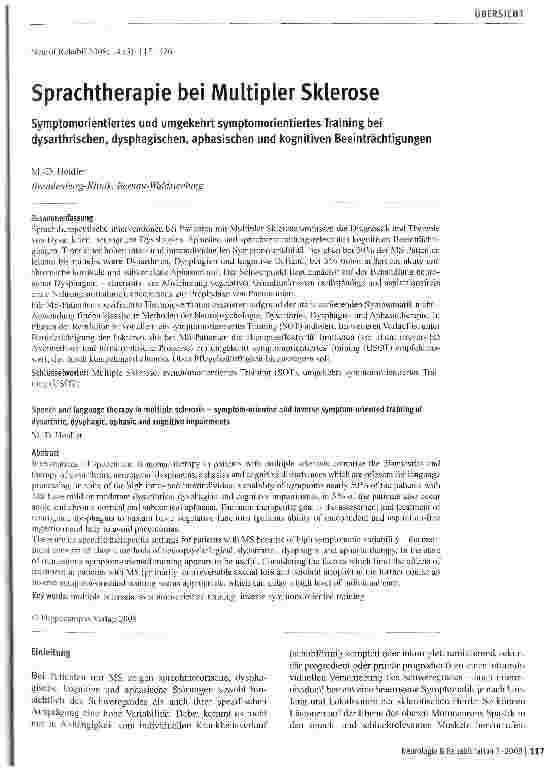Vorschauseite 1: Sprachtherapie bei Multipler Sklerose-Symptomorientiertes und umgekehrt symptomorientiertes Training bei dysarthrischen, dysphagischen, aphasischen und kognitiven Beeinträchtigung…