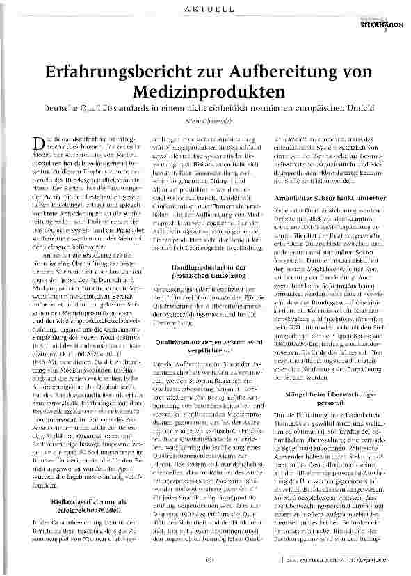 Vorschauseite 1: Erfahrungsbericht zur Aufbereitung von MedizinproduktenDeutsche Qualitätsstandards in einem nicht einheitlich normierten europäischen Umfeld