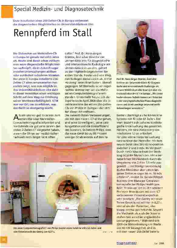 Vorschauseite 1: Erste Installation eines 256-Zeilen-CTs in Europa verbessert die diagnostischen Möglichkeiten im Universitätsklinikum Ulm-Rennpferd im Stall