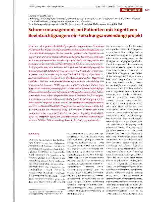 Vorschauseite 1: Schmerzmanagement bei Patienten mit kognitiven Beeinträchtigungen: ein Forschungsanwendungsprojekt