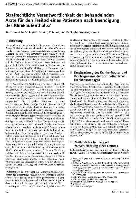 Vorschauseite 1: Strafrechtliche Verantwortlichkeit der behandelnden Ärzte für den Freitod eines Patienten nach Beendigung des Klinikaufenthalts?
