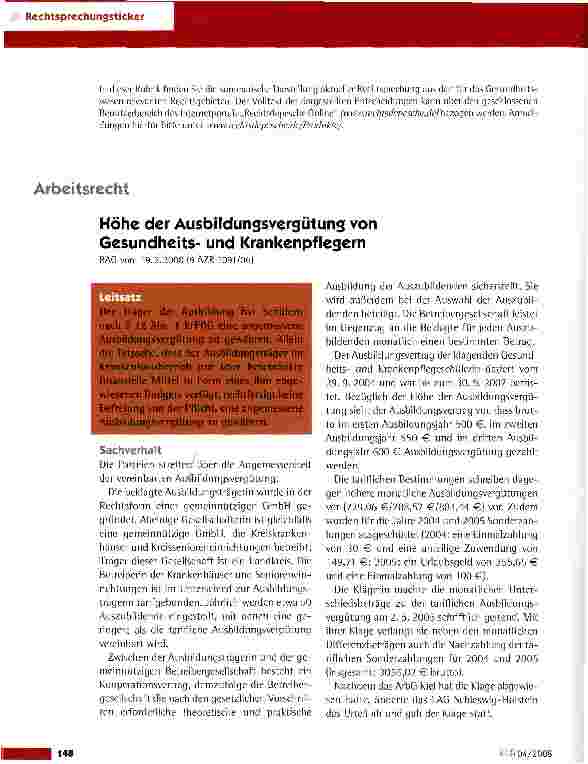 Vorschauseite 1: Höhe der Ausbildungsvergütung von Gesundheitsund Krankenpflegern