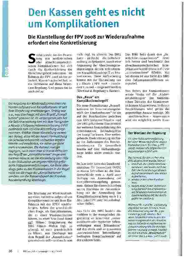Vorschauseite 1: Den Kassen geht es nicht um Komplikationen. Die Klarstellung der FPV 2008 zur Wiederaufnahme erfordert eine Konkretisierung