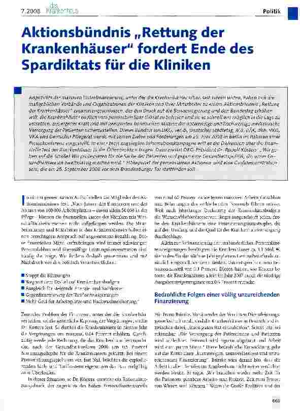 Vorschauseite 1: Aktionsbündnis „Rettung der Krankenhäuser fordert Ende des Spardiktats für die Kliniken