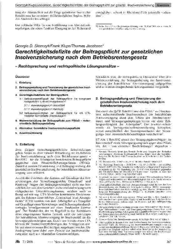 Vorschauseite 1: Gerechtigkeitsdefizite der Beitragspflicht zur gesetzlichen Insolvenzsicherung nach dem Betriebsrentengesetz-Rechtsprechung und rechtspolitische Lösungsansätze -