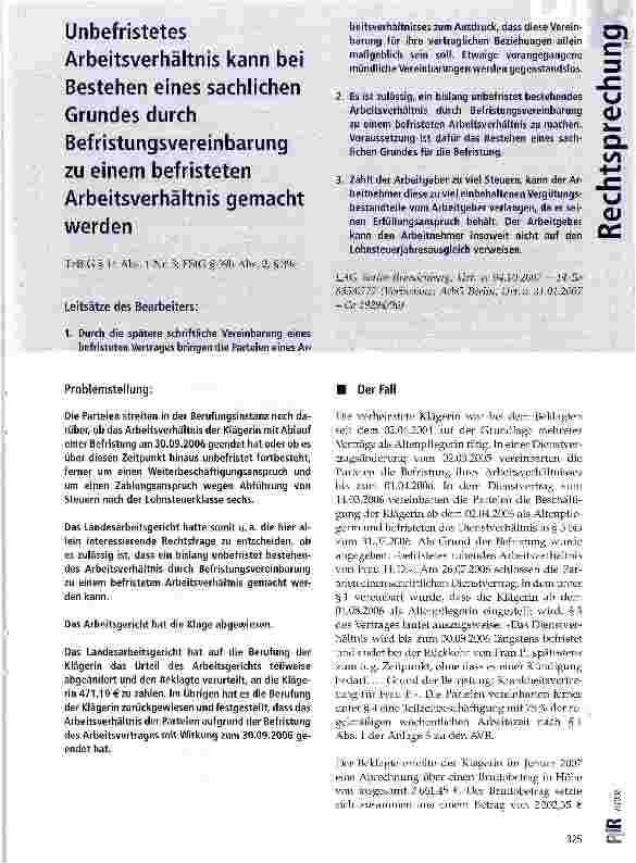 Vorschauseite 1: Unbefristetes Arbeitsverhältnis kann bei Bestehen eines sachlichen Grundes durch Befristungsvereinbarung zu einem befristeten Arbeitsverhältnis gemacht werden