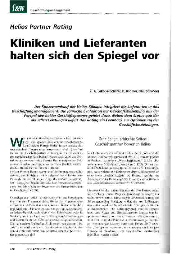 Vorschauseite 1: Helios Partner Rating. Kliniken und Lieferanten halten sich den Spiegel vor