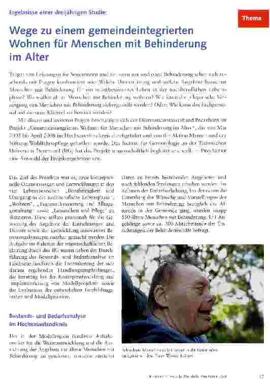 Vorschauseite 1: Wege zu einem gemeindeintegrierten Wohnen für Menschen mit Behinderung im Alter