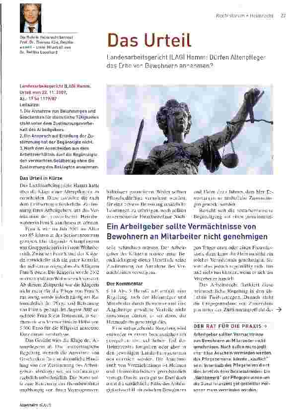 Vorschauseite 1: Das UrteilLandesarbeitsgericht (LAG) Hamm: Dürfen AltenpfLeger das Erbe von Bewohnern annehmen?
