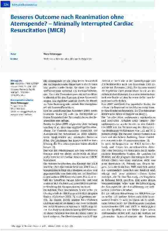 Vorschauseite 1: Besseres Outcome nach Reanimation ohne Atemspende? - Minimally Interrupted Cardiac Resuscitation (MICR)