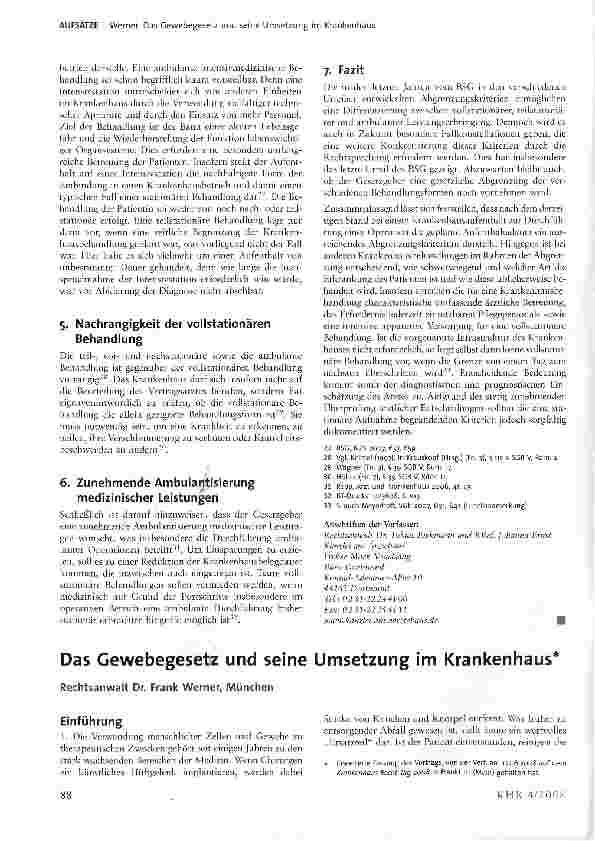 Vorschauseite 1: Das Gewebegesetz und seine Umsetzung im Krankenhaus