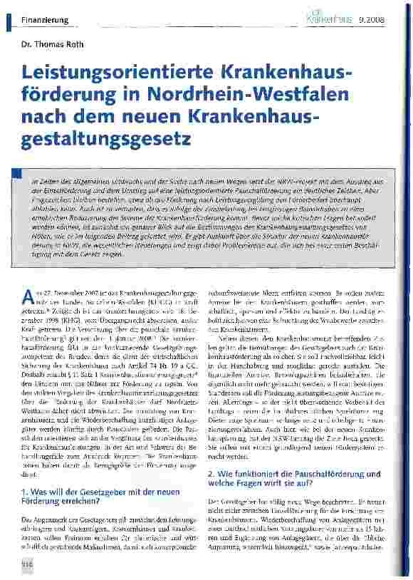 Vorschauseite 1: Leistungsorientierte Krankenhausförderung in Nordrhein-Westfalen nach dem neuen Krankenhausgestaltungsgesetz
