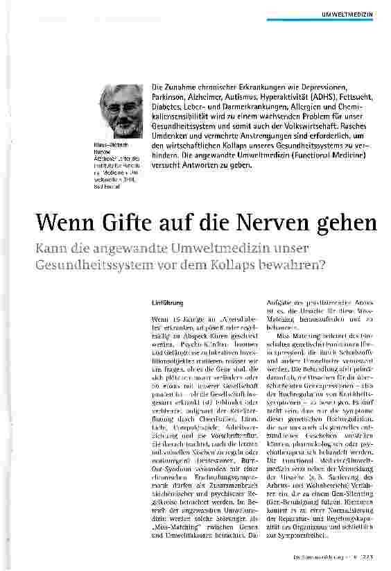 Vorschauseite 1: Wenn Gifte auf die Nerven gehenKann die angewandte Umweltmedizin unser Gesimdheitssystem vor dem Kollaps bewahren?